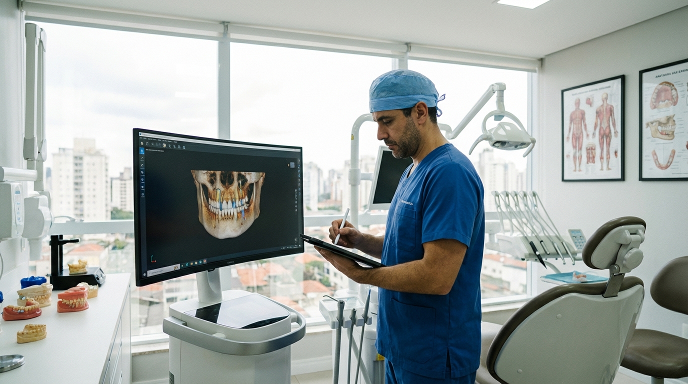 cirurgião buco-maxilo-facial realizando planejamento digital 3D em consultório odontológico moderno